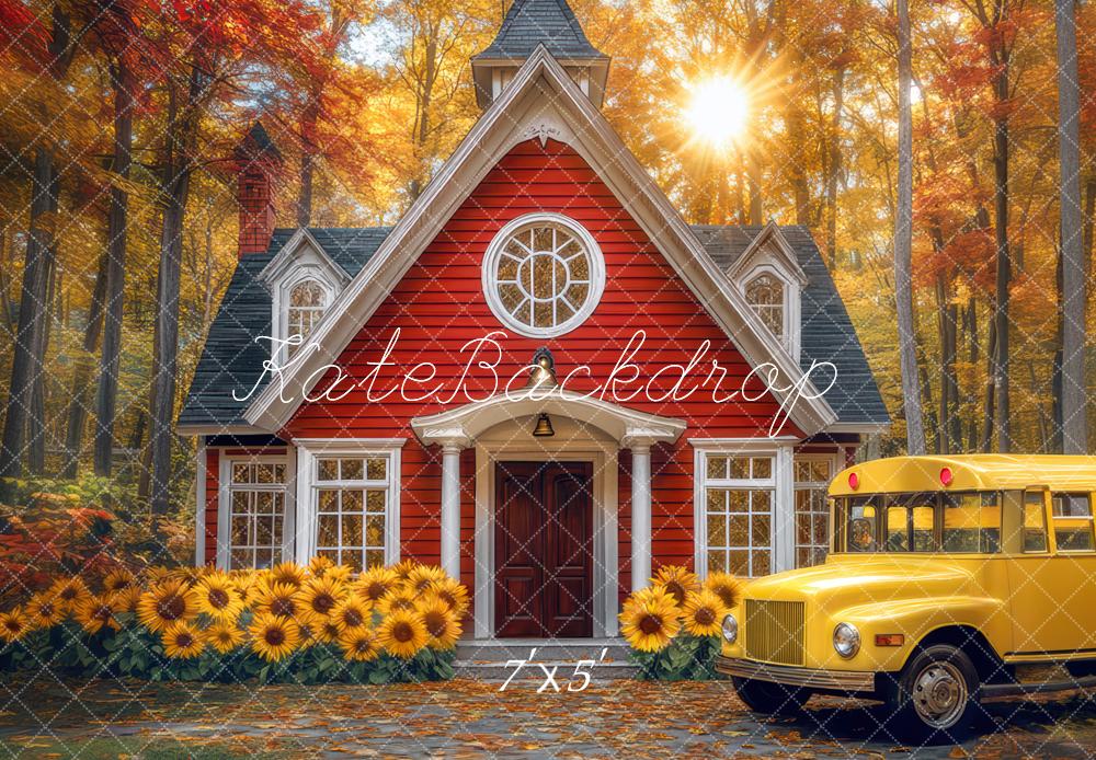 Kate Fall Schoolhouse Sunflower Forest Backdrop Designed by Mini MakeBelieve