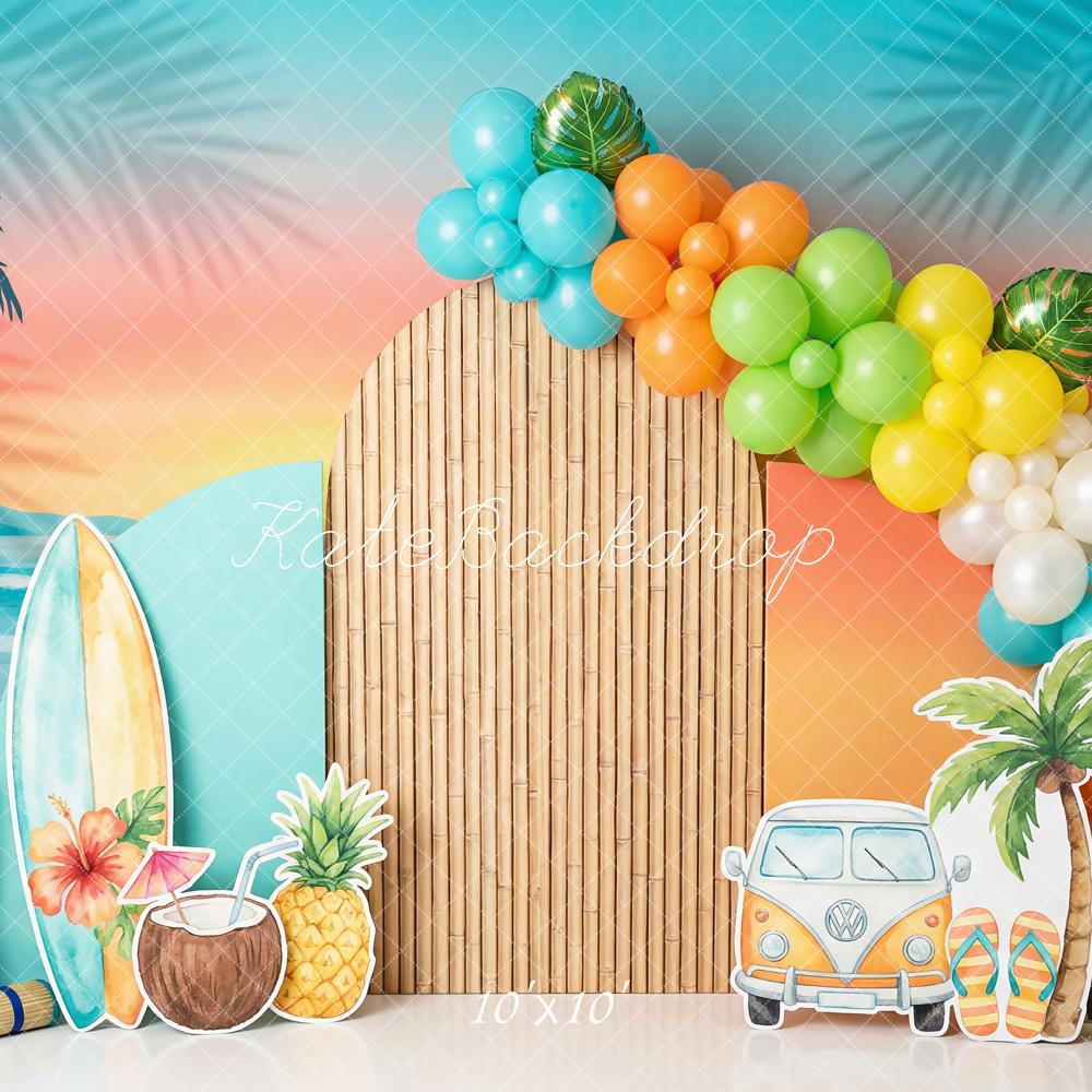 Kate Summer Beach Bamboo Arch Palm Tree Surfboard Printed Backdrop Designed by Patty Roberts
