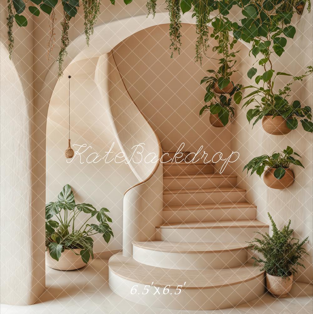 Neutral Arch Cascading Stairs Greenery Backdrop Designed by Emetselch