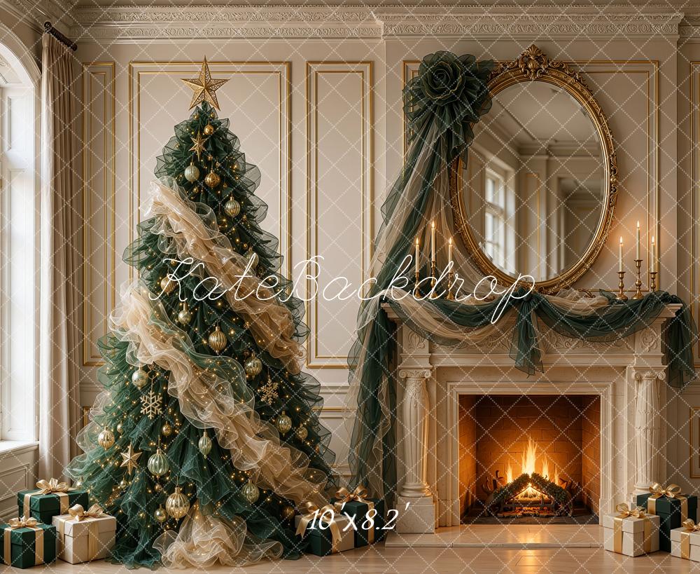 Kate Christmas Tree Tulle Fireplace Ornate Mirror Antique Printed Backdrop Designed by Shutter Swan Studios