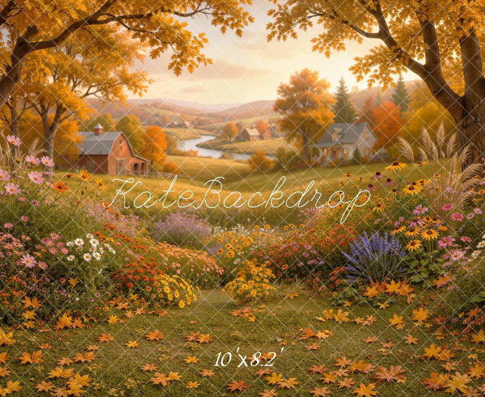 Kate Fall Countryside Golden Village Flower Meadow Printed Backdrop Designed by Emetselch