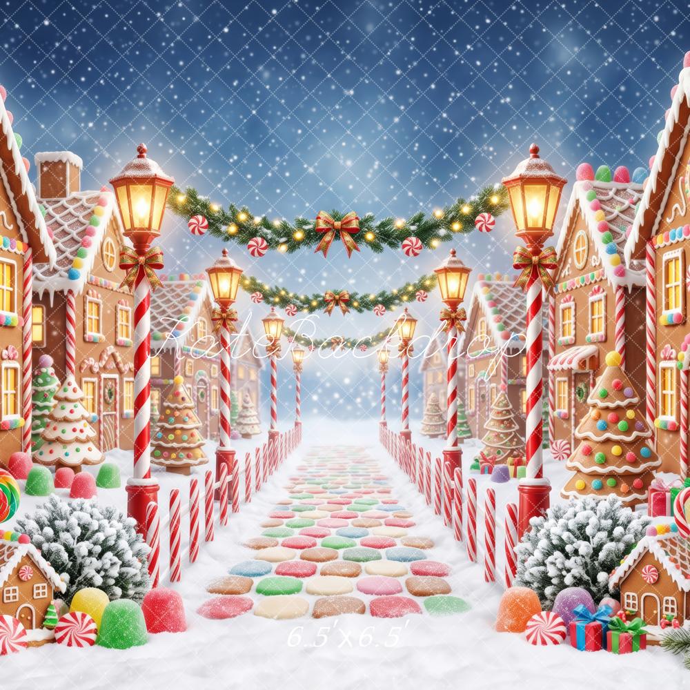 Kate Christmas Gingerbread Street Candy Village Snow Printed Backdrop Designed by Patty Roberts