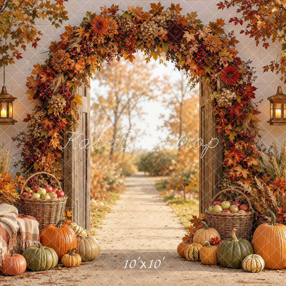 Kate Fall Flower Arch Pumpkin Baskets Garden Path Printed Backdrop Designed by Emetselch