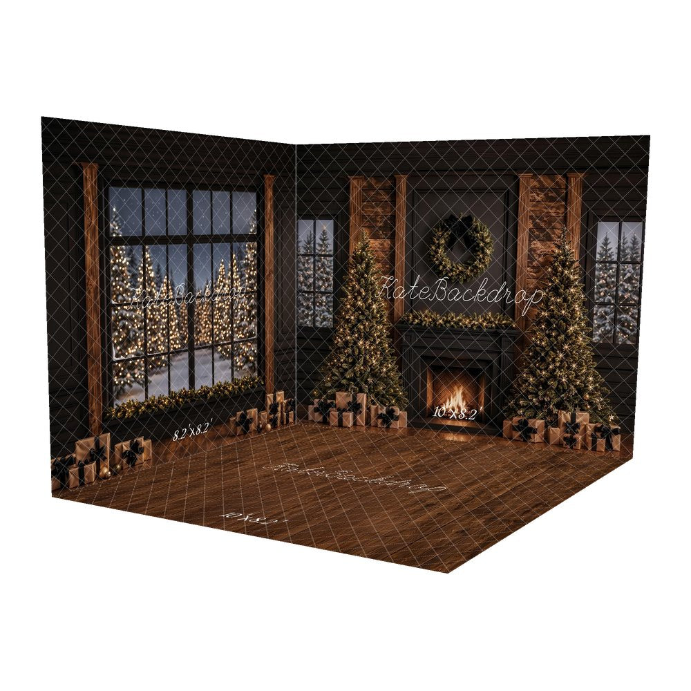 Kate Christmas Fireplace Christmas Trees Wreath Windows Presents Printed Backdrop Room Set