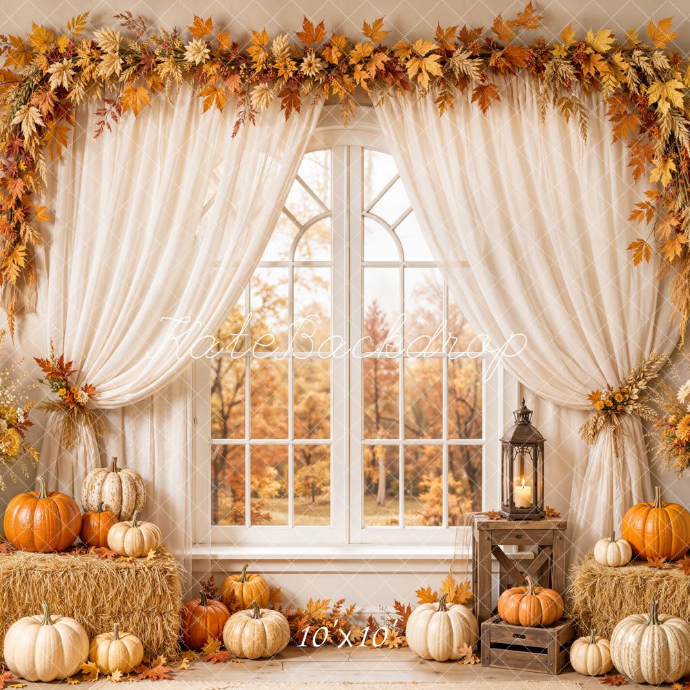 Kate Fall Window White Curtains Pumpkins Hay Bale Maple Garland Printed Backdrop Designed by Emetselch
