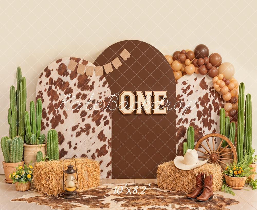 Kate Cake Smash Western Cow Print Cactus Hay One Birthday Printed Backdrop Designed by Emetselch