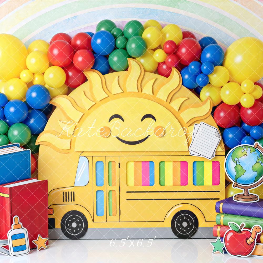 Kate Back To School School Bus Sun Rainbow Printed Backdrop Designed by Mini MakeBelieve