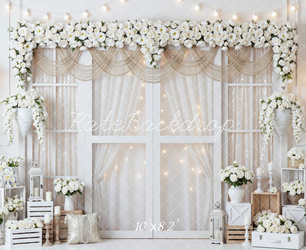 Kate Spring White Rose Flower Arch Lanterns Crates Backdrop Designed by Mini MakeBelieve