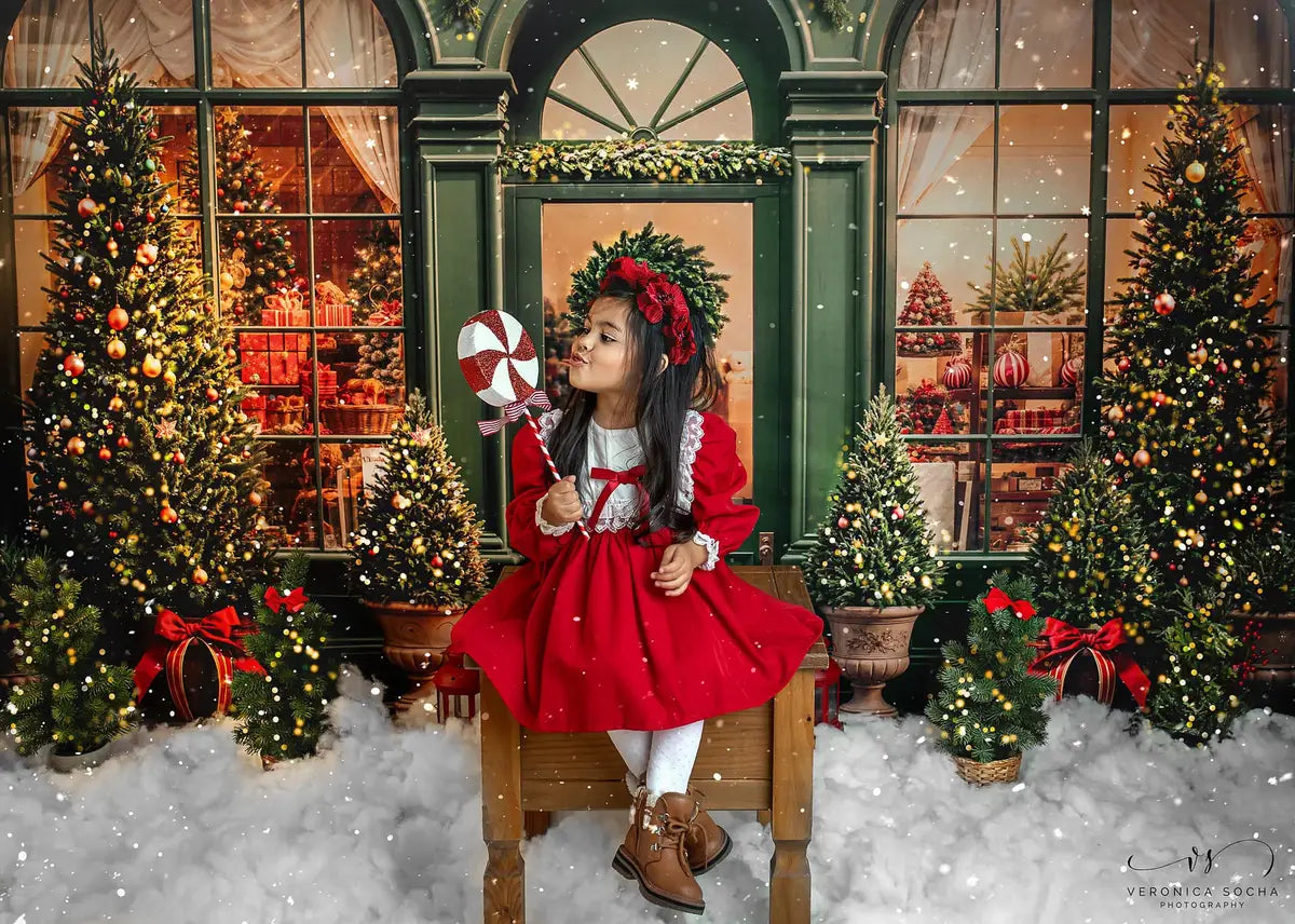 Kate Retro Dark Green Christmas Gift Store Backdrop Designed by Emetselch