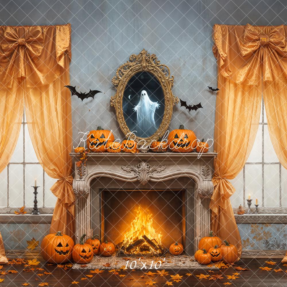 Kate Halloween Pumpkin Fireplace Bow Curtains Ghost Mirror Backdrop Designed by Emetselch