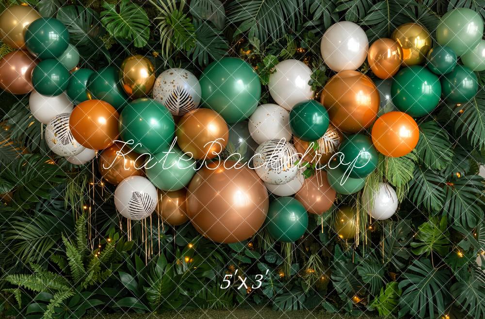 Kate Birthday Green Gold Balloon Garland Jungle Leaves Printed Backdrop Designed by Emetselch