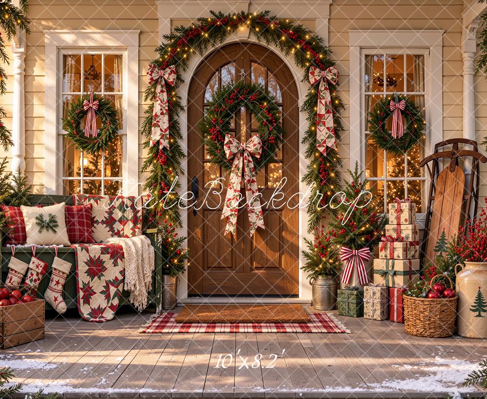 Kate Christmas Farmhouse Porch Wreath Garland Sunlight Printed Backdrop Designed by Shutter Swan Studios