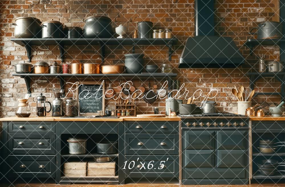 Kate Rustic Kitchen Brick Wall Shelves Cookware Backdrop Designed by Chain Photography