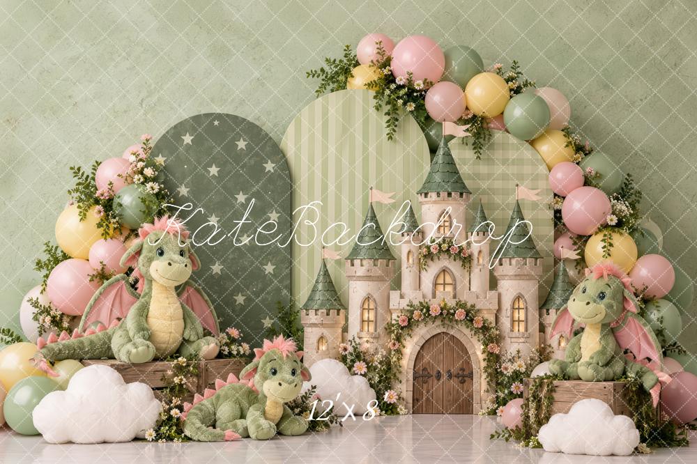 Kate Cake Smash Fantasy Green Arch Castle Dragons Flower Printed Backdrop Designed by Laura Bybee