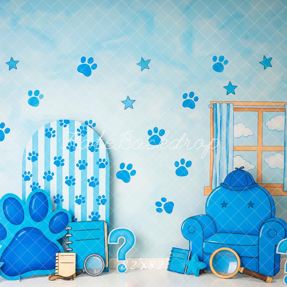 Kate Cake Smash Blue Paw Print Stars Chair Window Printed Backdrop Designed by Patty Roberts