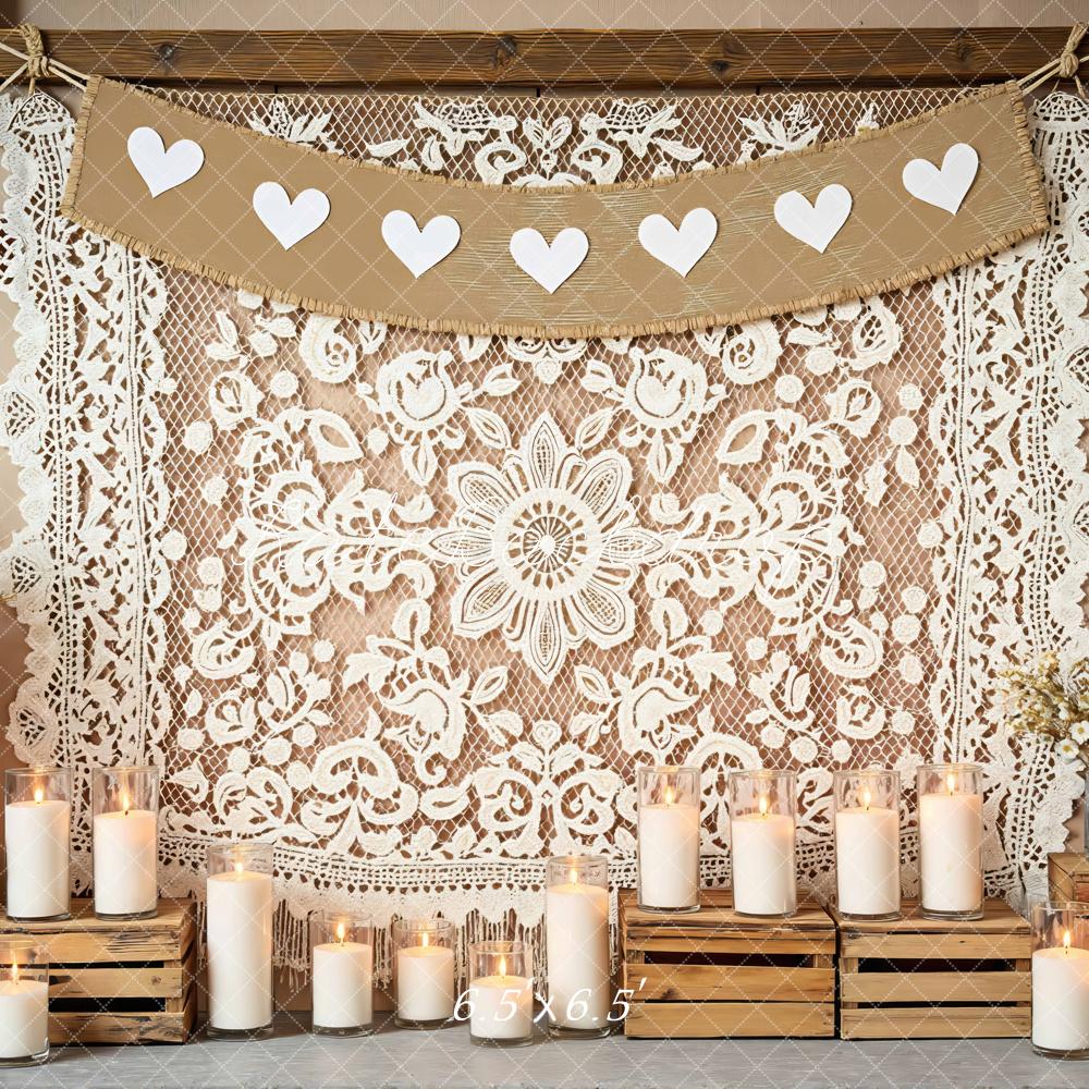 Kate Boho Lace Heart Garland Candles Backdrop Designed by Mini MakeBelieve