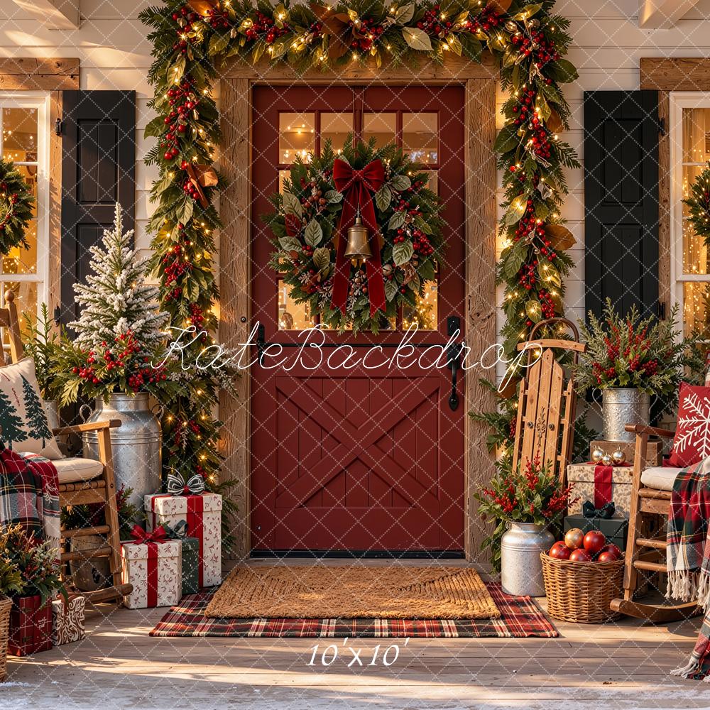 Kate Christmas Porch Garland Wreath Chair Plaid Rustic Printed Backdrop Designed by Shutter Swan Studios
