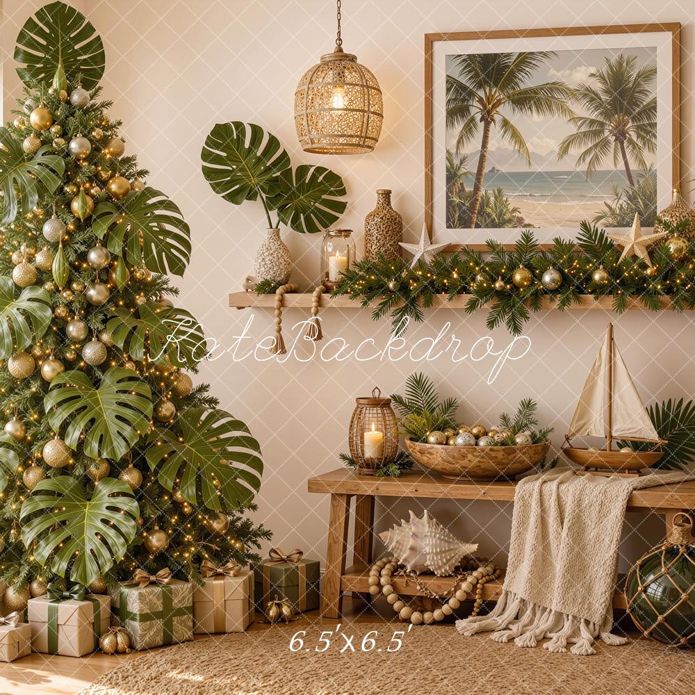 Kate Christmas Tree Tropical Beach Fireplace Printed Backdrop Designed by Shutter Swan Studios