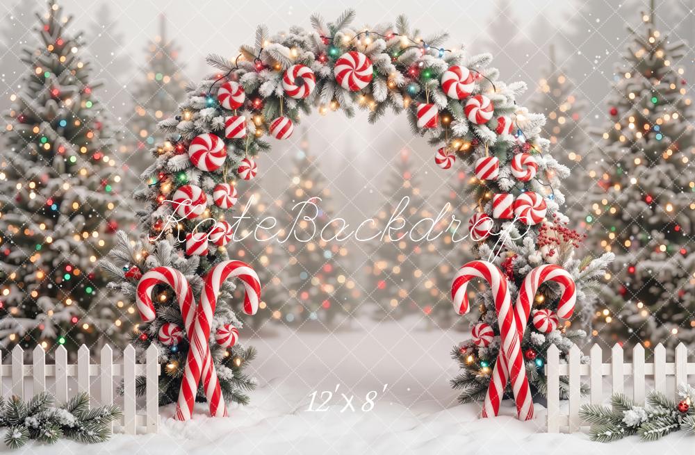 Kate Christmas Flower Arch Candy Cane Trees Fence Printed Backdrop Designed by Emetselch
