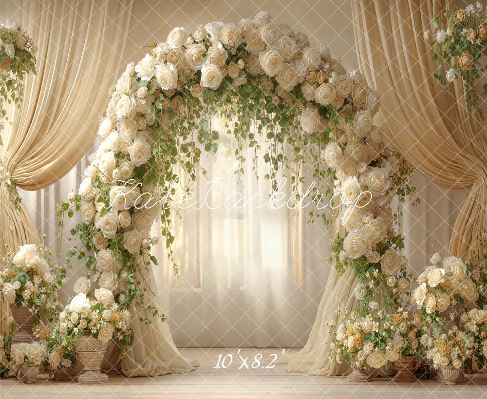 Kate Spring Flower Arch Cream Roses Drapes Printed Backdrop Designed by Emetselch