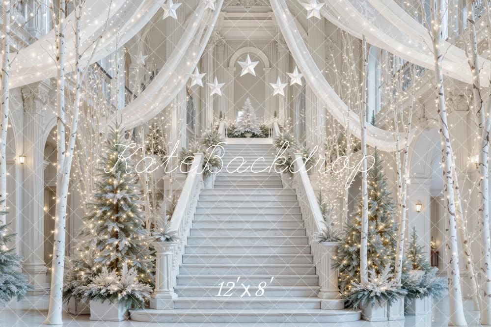 Kate Christmas Winter Wonderland Staircase Christmas Trees White Printed Backdrop Designed by Mini MakeBelieve