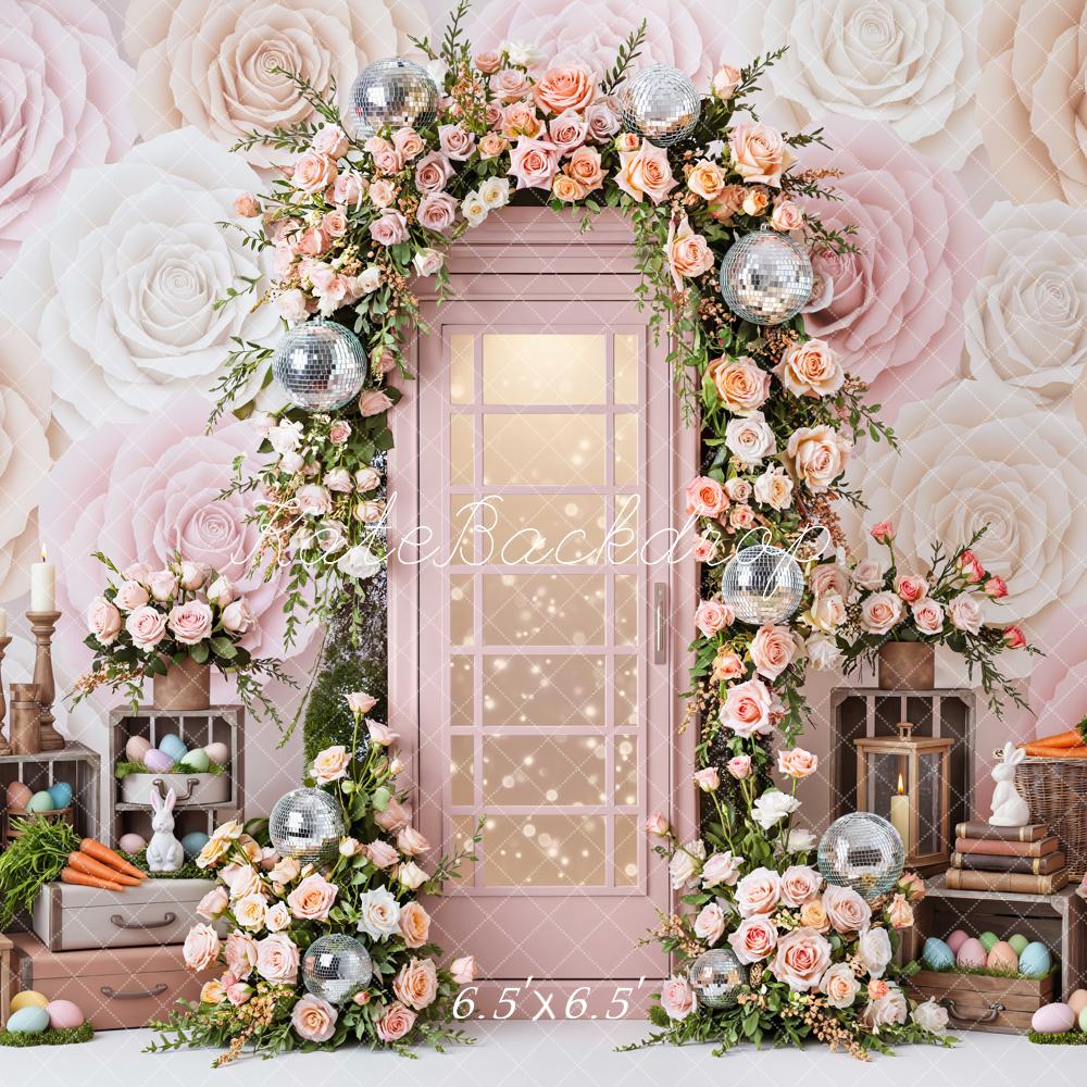 Kate Easter Bunny Flower Arch Pastel Roses Printed Backdrop Designed by Mini MakeBelieve