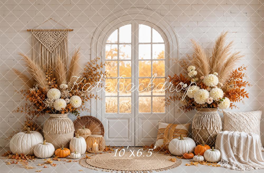 Kate Fall Boho Pumpkin Floral Arched Window Door Printed Backdrop Designed by Emetselch
