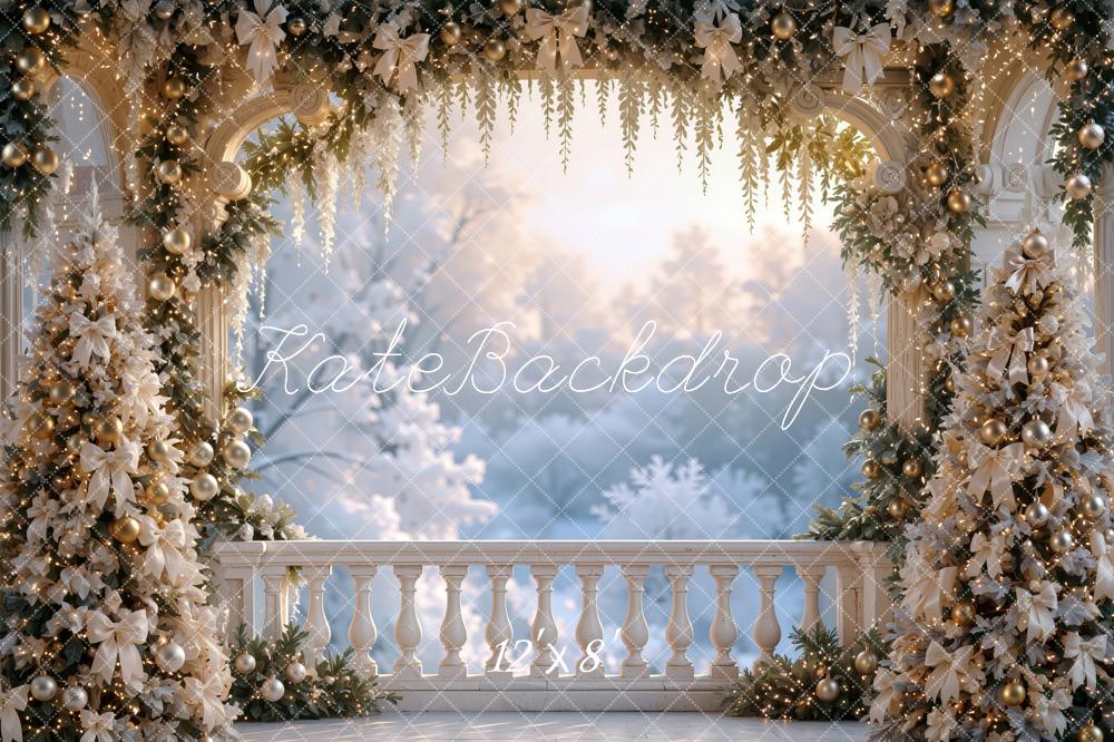 Kate Christmas Balcony White Gold Garland Trees Arch Printed Backdrop Designed by Mini MakeBelieve