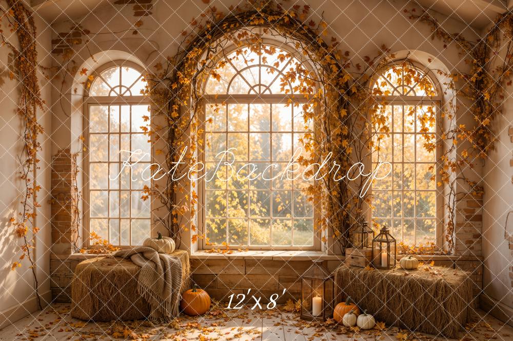 Kate Fall Retro Arched Window Pumpkins Fallen Leaves Printed Backdrop Designed by Emetselch