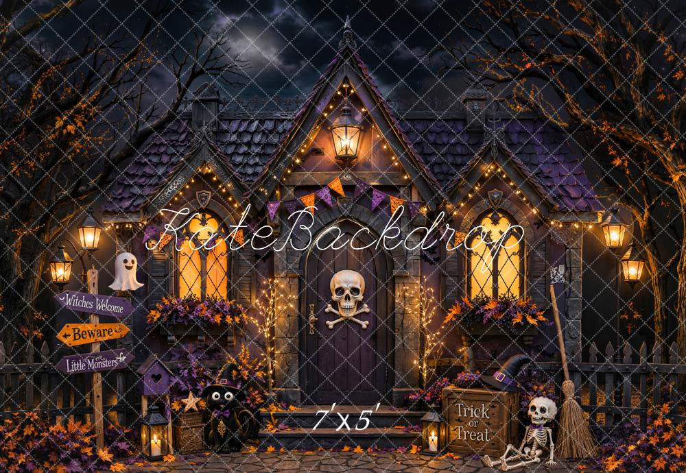 Kate Halloween Night Haunted House Skull Skeleton Doorway Printed Backdrop Designed by Chain Photography