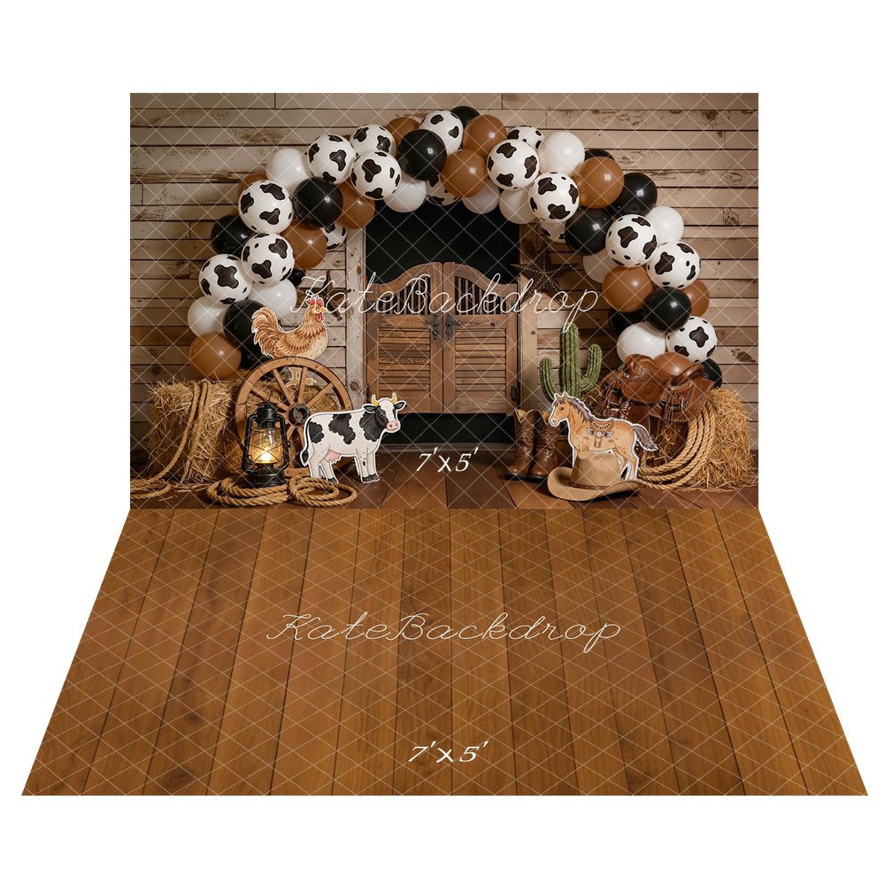 Kate Cake Smash Western Saloon Barn Cow Print Balloon Arch Farm Animals Backdrop+Brown Wooden Plank Retro Floor Backdrop