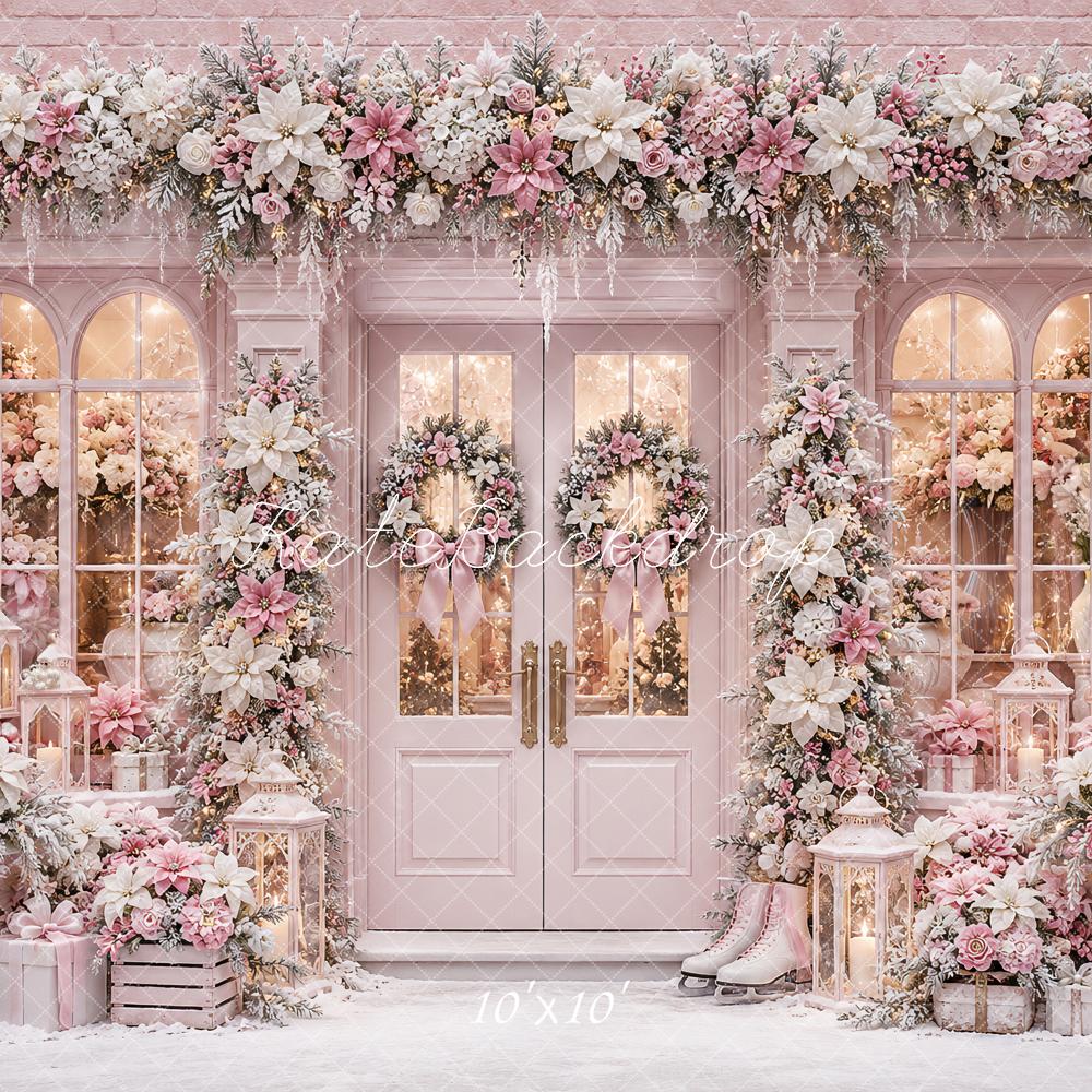 Kate Christmas Pink Snowy Floral Front Door Printed Backdrop Designed by Ashley Paul