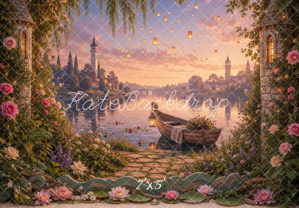 Kate Fairy Fantasy Castle Lake Boat Garden Flowers Sunset Printed Backdrop Designed by Ashley Ward