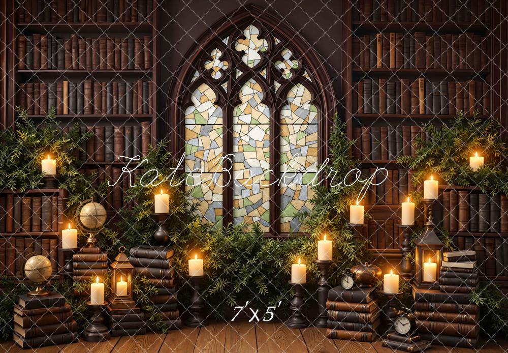 Kate Library Bookshelves Stained Glass Candles Backdrop Designed by Mini MakeBelieve