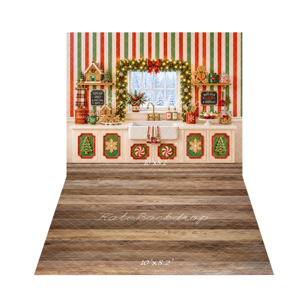 Kate Christmas Kitchen Gingerbread Cookies Peppermint Garland Printed Backdrop+Brown Wood Plank Floor Printed Backdrop
