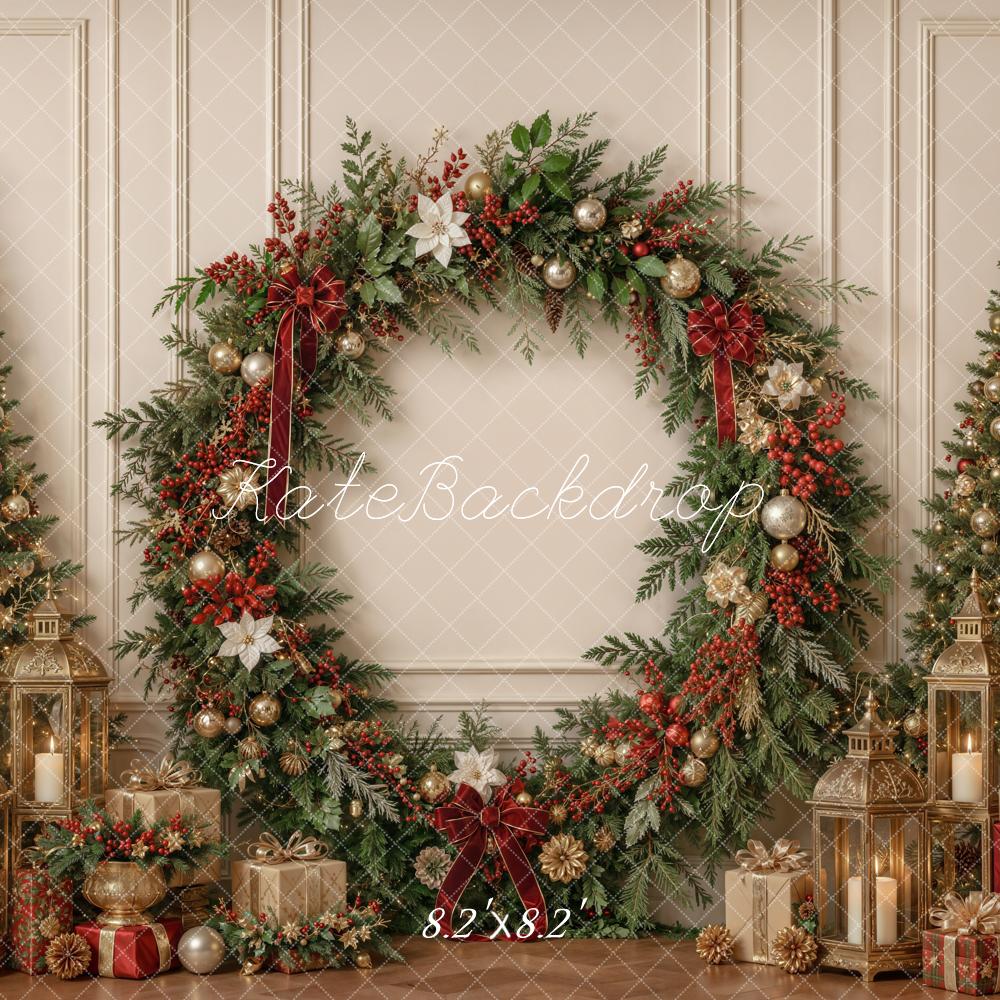 Kate Christmas Greenery Wreath Arch Trees Lanterns Cozy Printed Backdrop Designed by Emetselch
