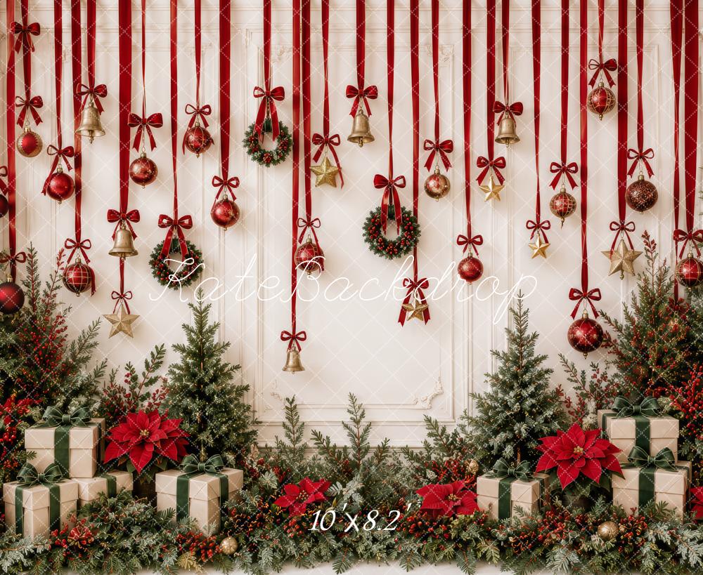Kate Christmas Red Ribbon Bells Ornaments Greenery Gifts Printed Backdrop Designed by Patty Roberts