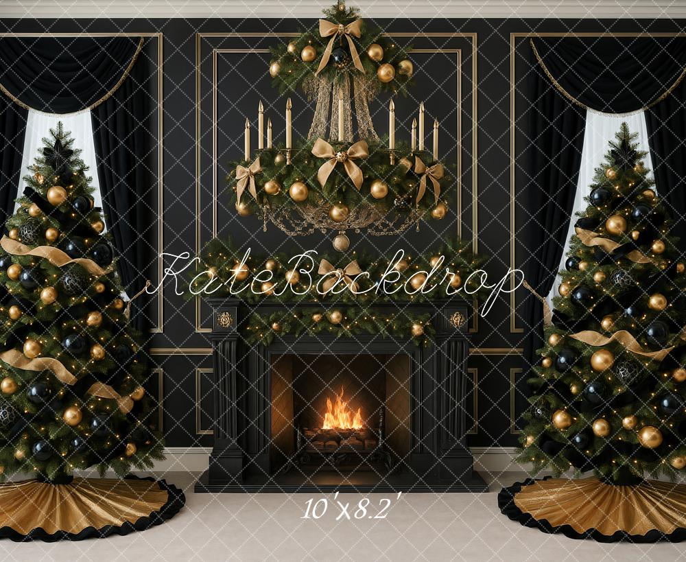 Kate Christmas Trees Fireplace Garland Chandelier Black Gold Backdrop Designed by Ashley Paul