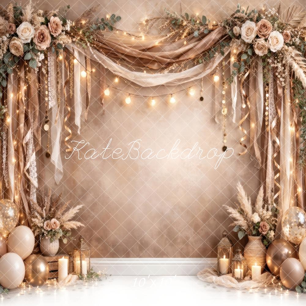 Kate Boho Draped Flower Arch Balloons Champagne Printed Backdrop Designed by Vertigo Productions