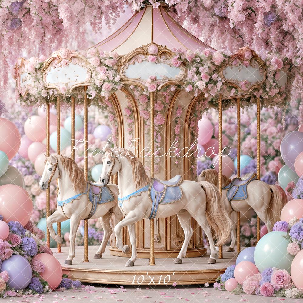 Kate Birthday Carousel Floral Balloons Pastel Printed Backdrop Designed by Ashley Paul