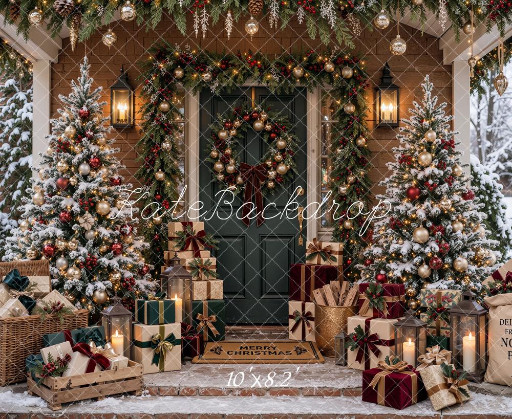 Kate Christmas Snowy Front Porch Trees Wreath Gifts Printed Backdrop Designed by Shutter Swan Studios