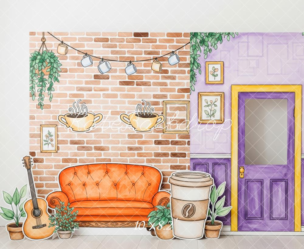 Kate Cozy Coffee Living Room Brick Wall Purple Door Couch Turkey Backdrop Designed by Patty Roberts