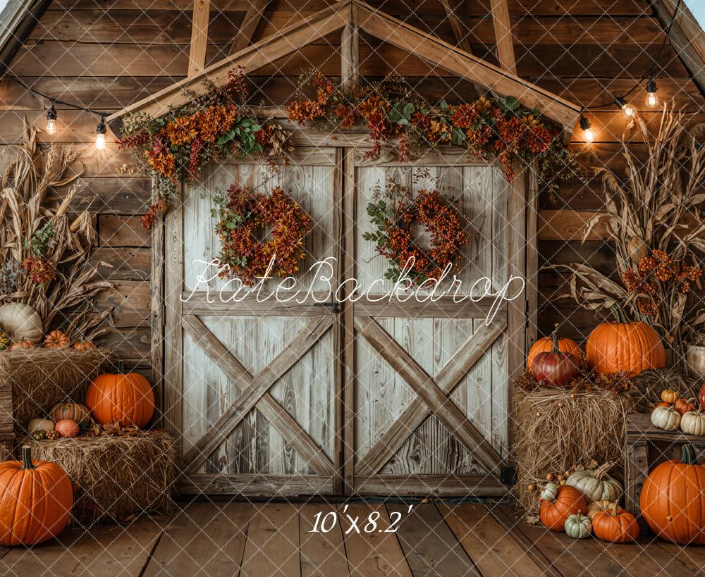 Kate Fall Rustic Barn Pumpkins Haystack Wood Backdrop Designed by Emetselch