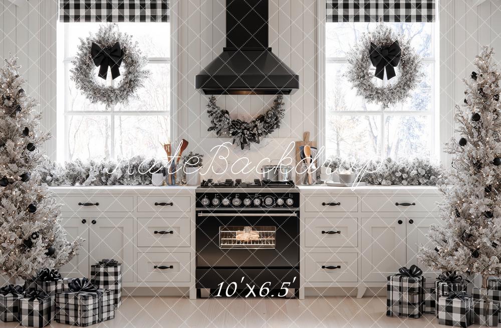 Kate Christmas Kitchen Black White Trees Wreaths Gifts Backdrop Designed by Ashley Paul