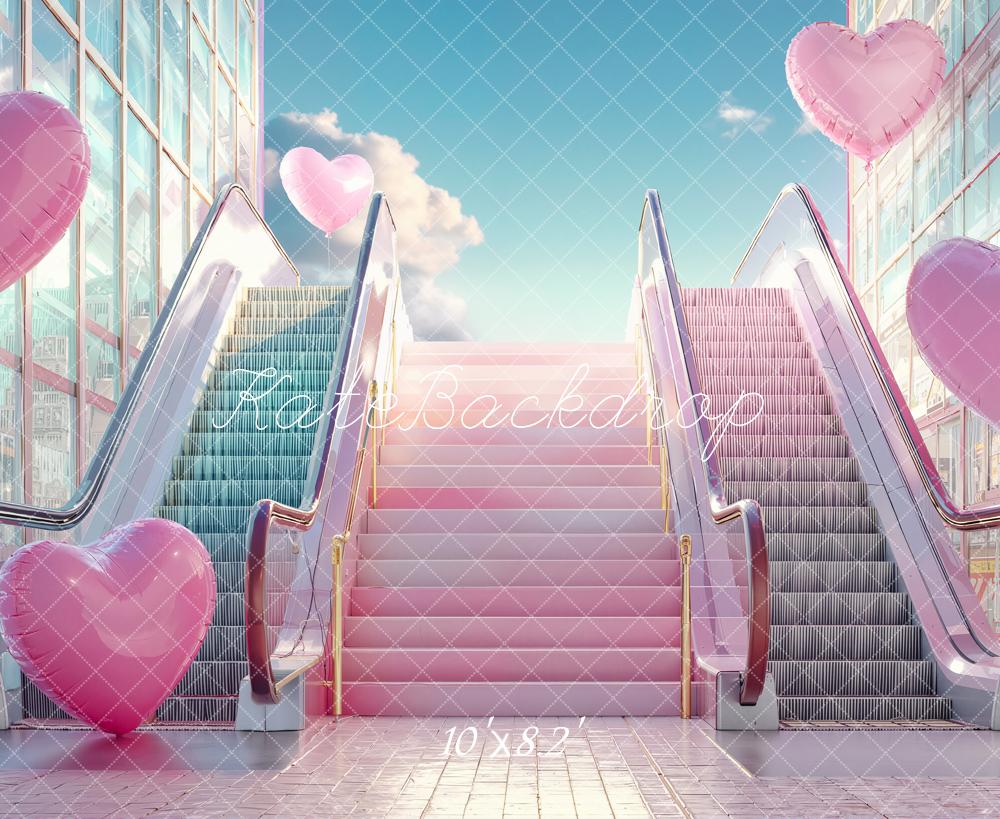 Kate Valentine's Day Pink Heart Balloons Escalator Stairs Backdrop Designed by Emetselch