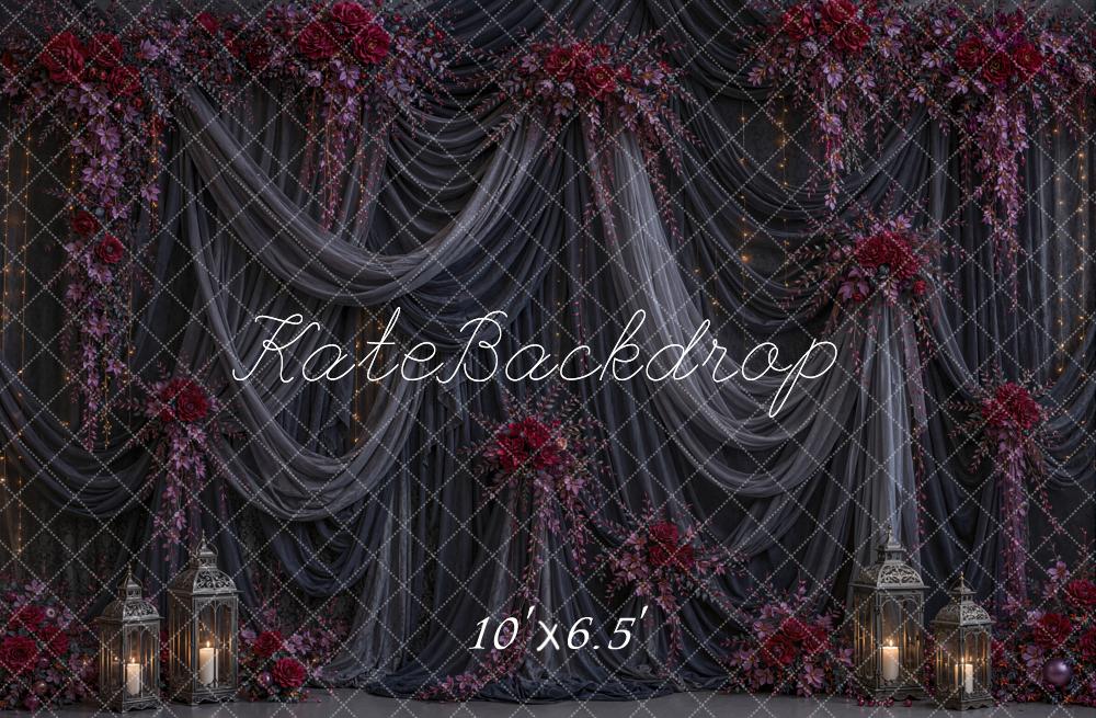 Kate Halloween Dark Drapes Floral Lanterns Printed Backdrop Designed by Chain Photography