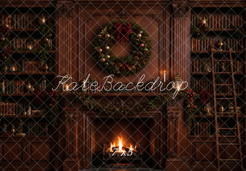 Kate Christmas Fireplace Library Wreath Printed Backdrop Designed by Vertigo Productions