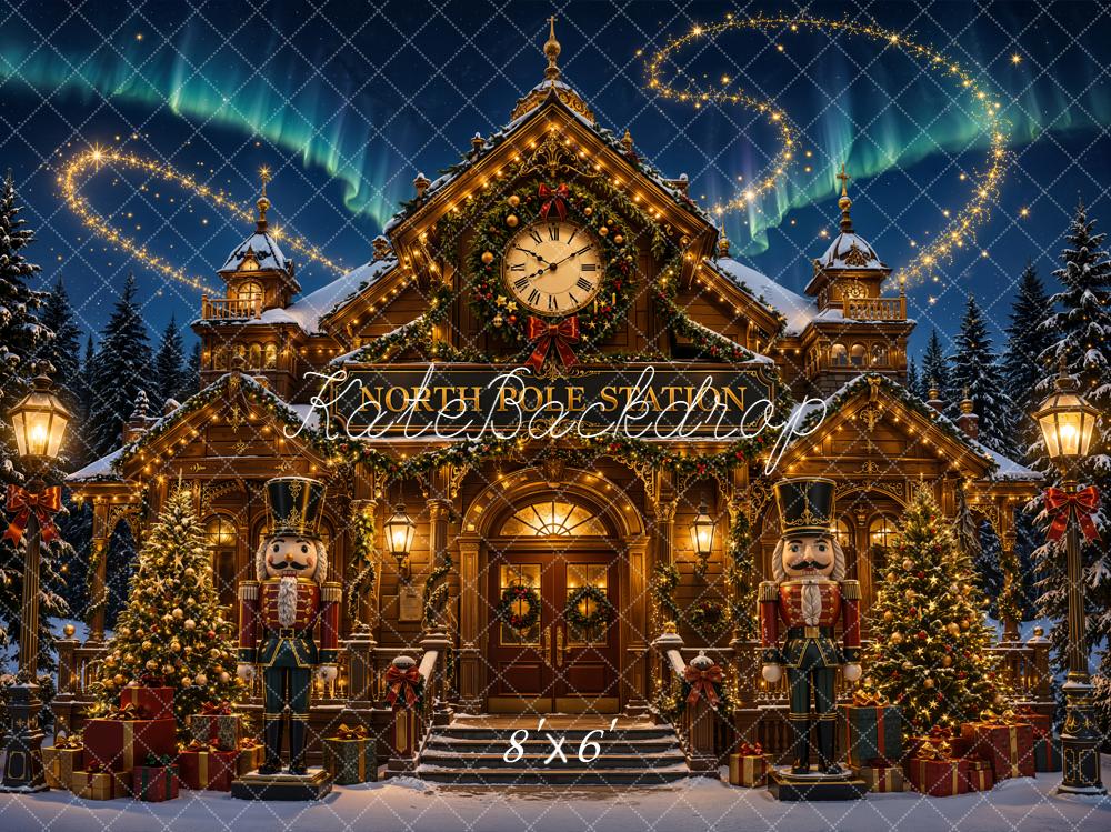 Kate Christmas North Pole Station Clock Tower Nutcracker Printed Backdrop Designed by Emetselch