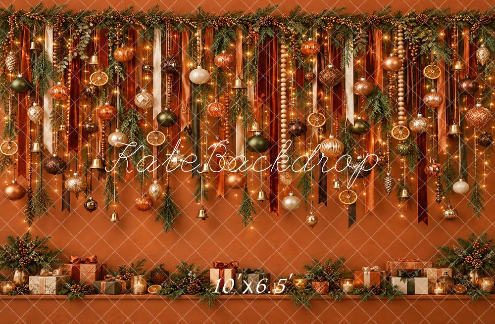 Kate Christmas Ornament Garland Orange Wall Lights Printed Backdrop Designed by Vertigo Productions