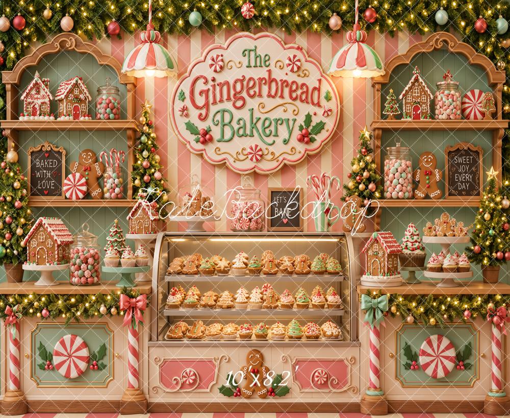 Kate Christmas Gingerbread Bakery Shop Candy Display Striped Wall Printed Backdrop Designed by Emetselch